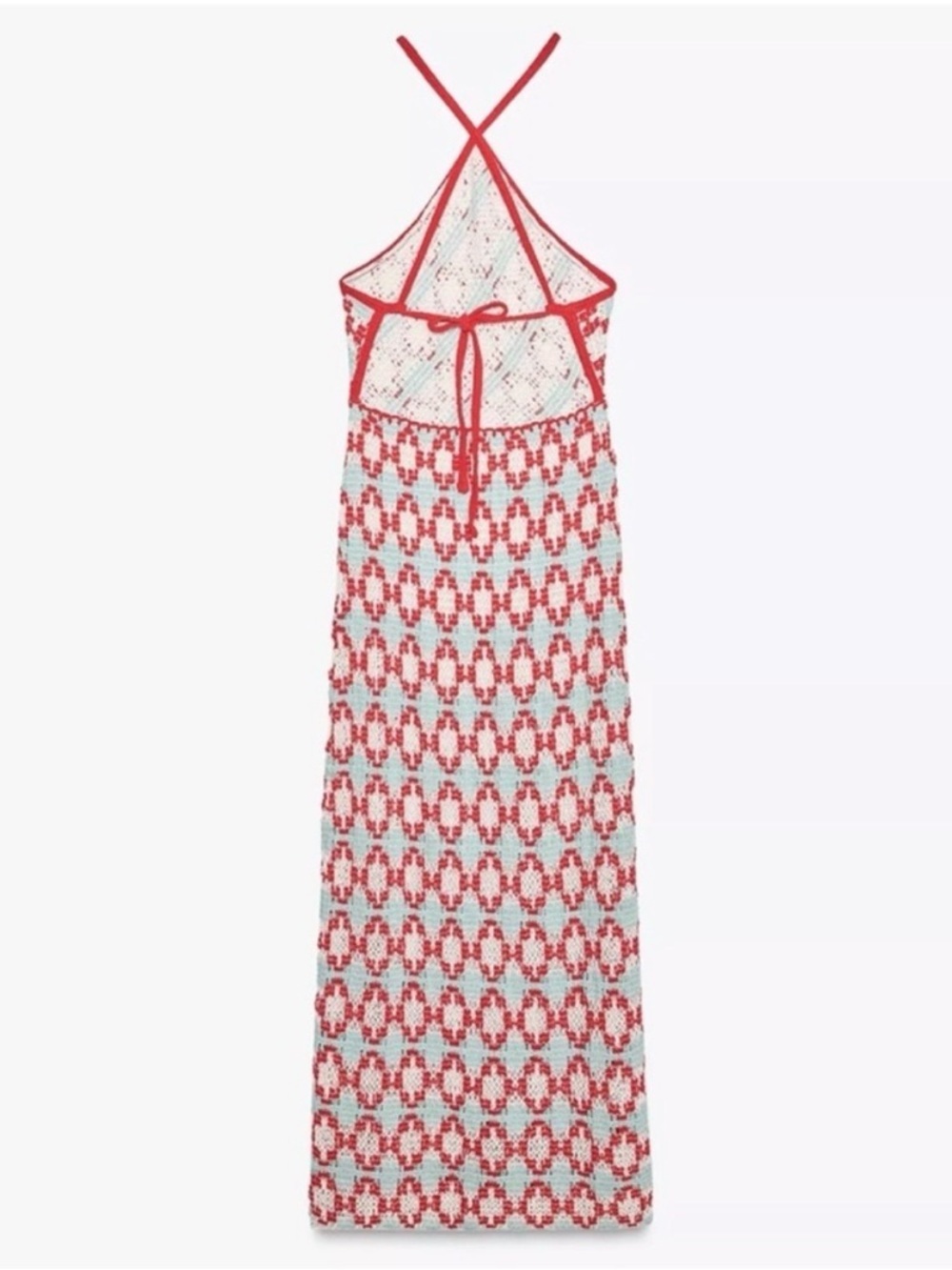 Zara Crochet Knit Halter Maxi Dress Blue and Red - Picture 2 of 10